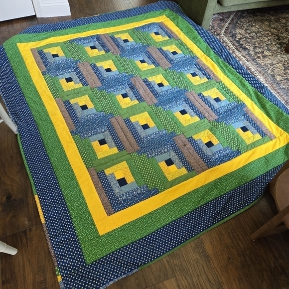Handmade Patchwork Quilt Tumbling Blocks Blue Green Yellow Full Twin Lap Blanket - Picture 1 of 8